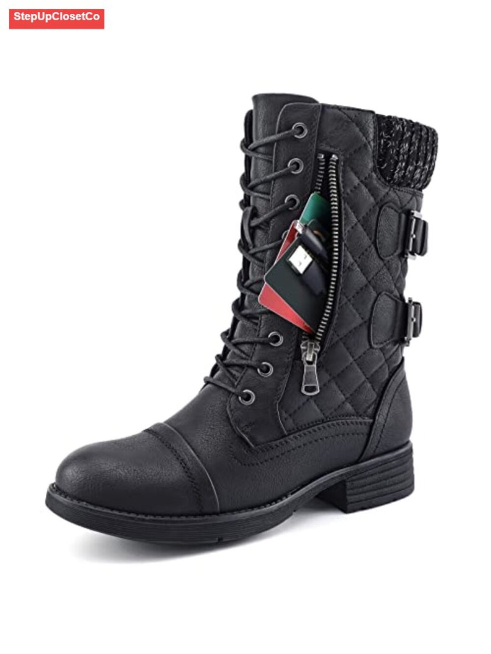 Women's Vegan Leather Combat Boots Mid Calf Winter Side Zip